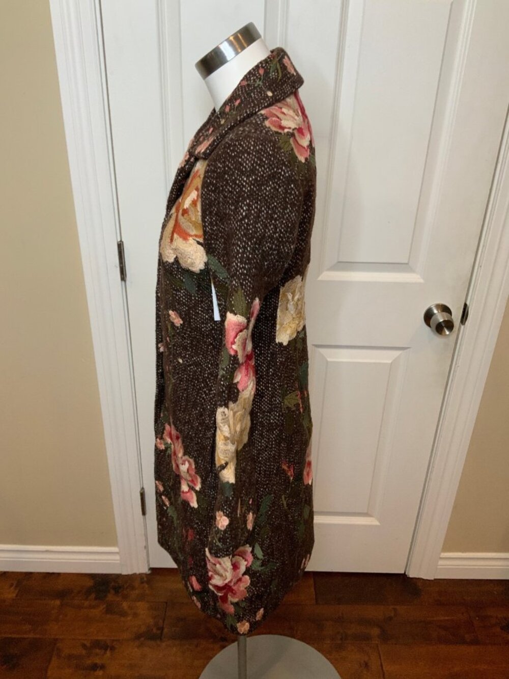 Biya Brown Multicolored Embroidered Floral Tapestry Long Wool Coat - Picture 5 of 8